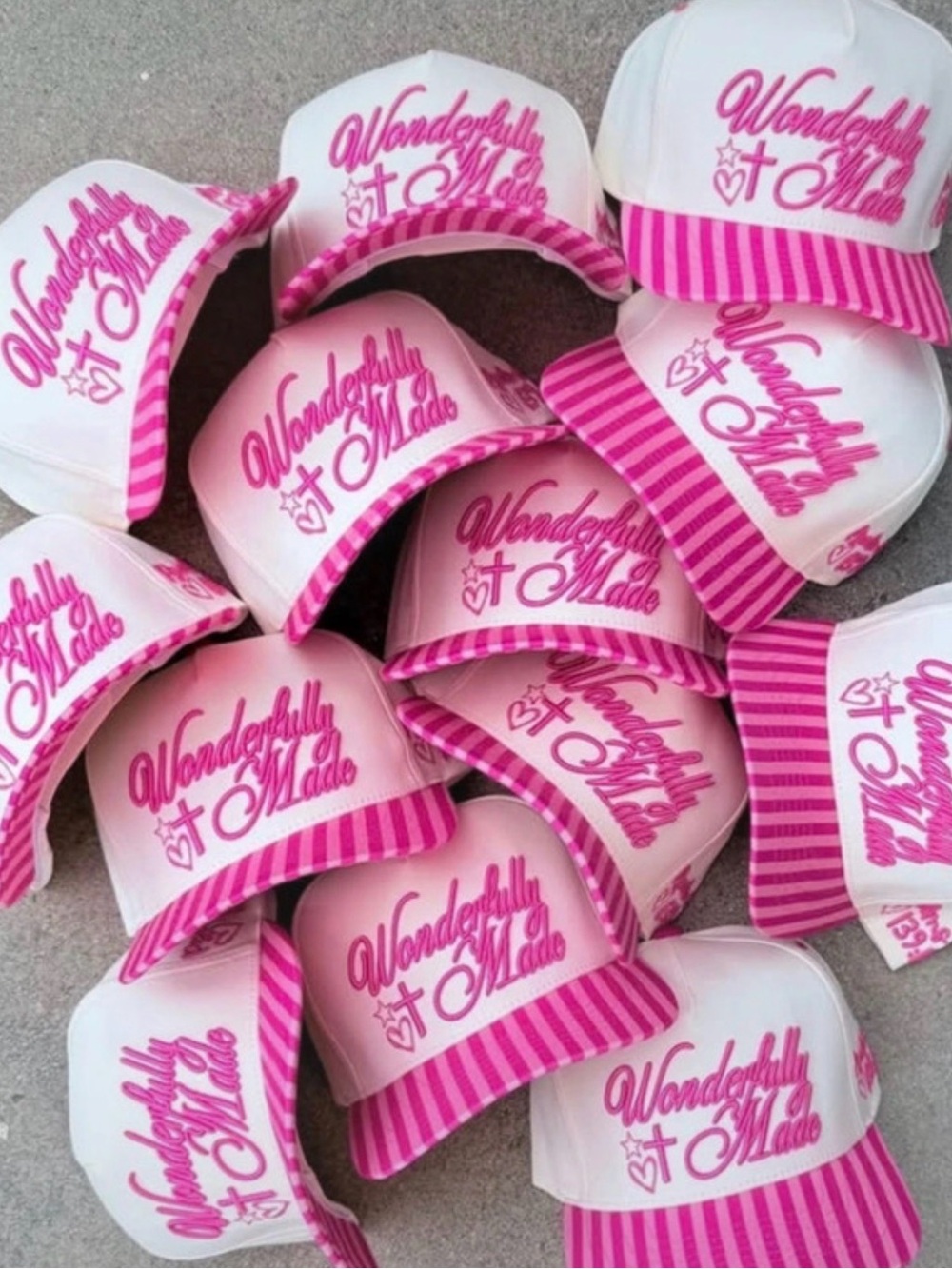Wonderfully Made Pink and White Striped Trucker Hat, new
